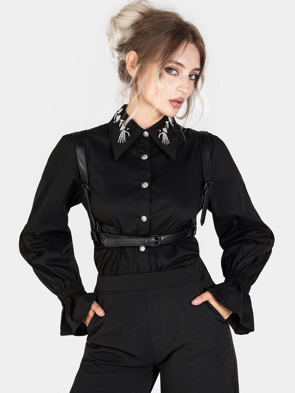 Disturbia Tempora Embroidered Button Up Shirt in Black US 4 / UK 8 - Picture 7 of 12